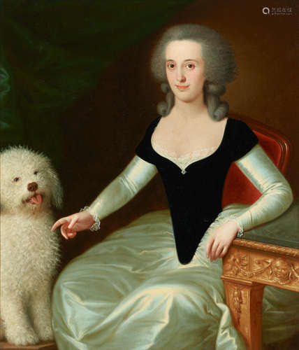 A portrait of a seated lady with a dog; A portrait of a gentleman by a desk holding a book (a pair) each 44 x 37 1/4in (111.9 x 94.6cm) English School, 19th Century