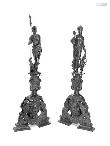 A pair of Renaissance style patinated bronze figural andirons depicting Venus & Adonis after models by Alessandro Vittoria (Venetian, 1525-1608)