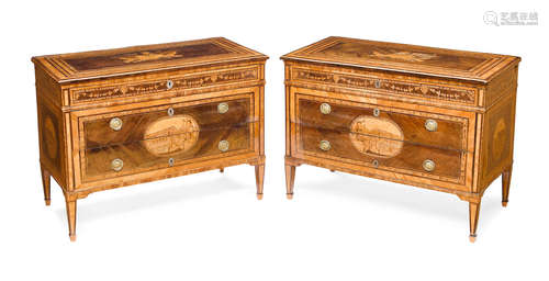 18th century  A fine pair of Italian Neoclassical walnut marquetry inlaid commodes in the manner of Giusuppe Maggiolini