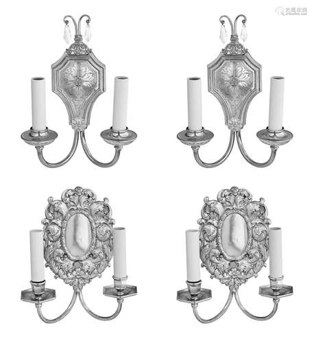 Two pairs of Baroque Style silvered metal twin light wall sconces