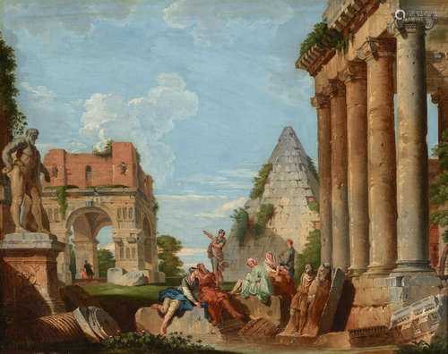 A capriccio with the Arch of Janus and the Farnese Hercules  28 1/4 x 35 1/2in (72.4 x 90.2cm) Circle of Giovanni Paolo Panini(Piacenza 1691-1765 Rome)