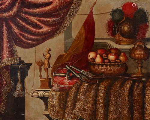 An elaborate still life of fruit and arms on a draped table  33 1/2 x 42 1/4in (85.2 x 107.4cm) Follower of Francesco Fieravino(Italian, 1610-1654)