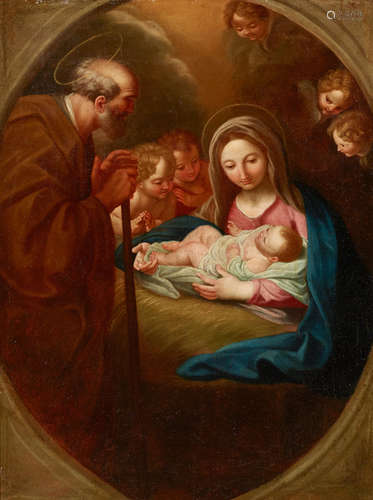 The Holy Family in a painted oval 38 1/2 x 29 3/4in (97.8 x 75.6cm) Roman School18th Century