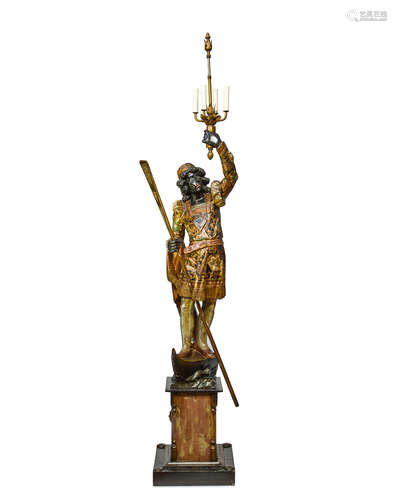 Late 19th century A Venetian ebonized parcel-gilt and polychrome decorated figural floor lamp