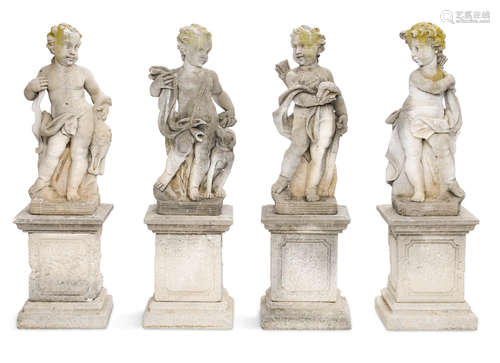 A set of four cast stone putti emblematic of the seasons