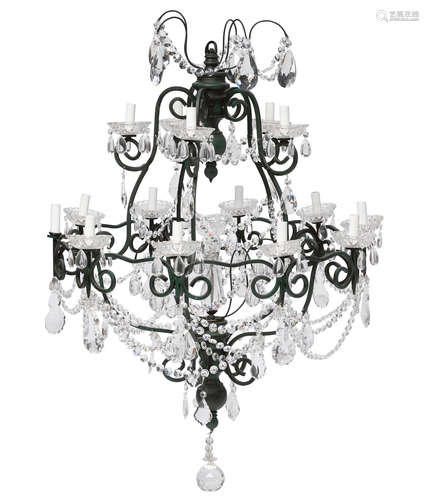 20th century A continental Baroque style painted wrought iron and cut glass chandelier