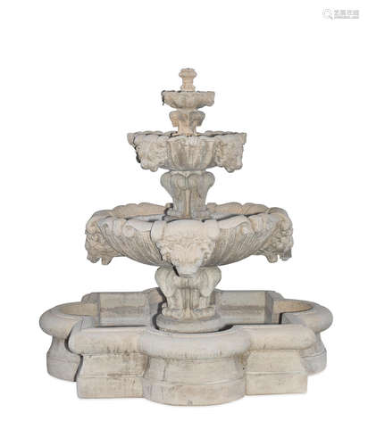 Made by Al's Garden Art Inc., 1998 A Baroque style cast stone outdoor water fountain