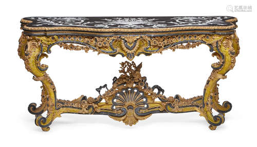 An Italian Rococo style marble and gilt composition serpentine console table