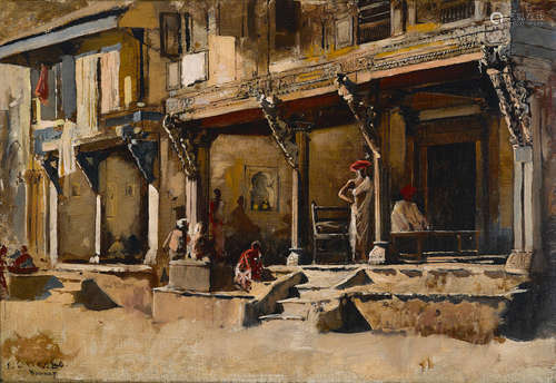 Merchants along a street in Bombay 13 x 18 3/4in (33 x 47.5cm) Edwin Lord Weeks(American, 1849-1903)