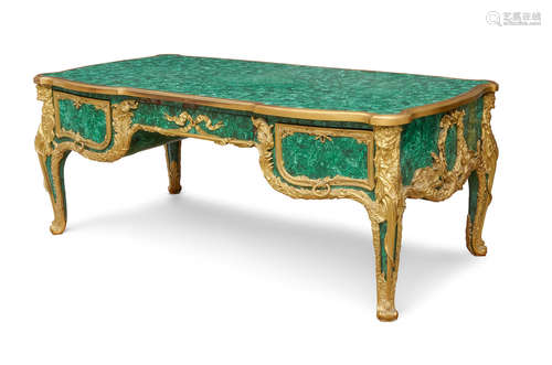 Late 19th century, later veneered A Louis XV style gilt bronze mounted malachite veneered bureau plat