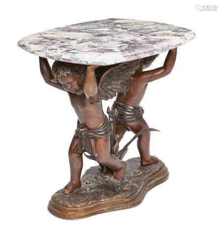 A patinated bronze and Brèche violette marble center table