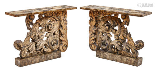 Incorporating antique elements A pair of Continental Baroque paint decorated faux marble consoles