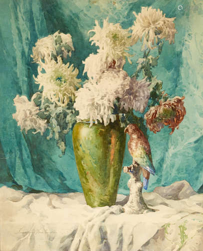 A vase of chrysanthemums and a porcelain parrot on a draped table 33 x 27in (83.9 x 68.6cm) Endre Komaromi-Kacz(Hungarian, 1880-1969)