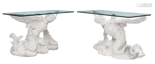 A Palatial pair of mythological carved marble console tables