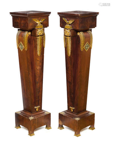 Late 19th century A pair of Empire style gilt bronze and verde antico marble mounted mahogany pedestals