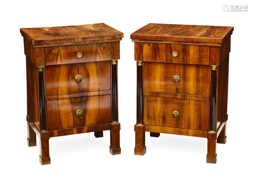 Incorporating Antique elements A pair of Italian Neoclassical parcel ebonized walnut commodini