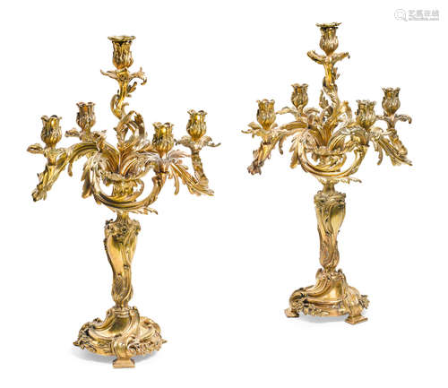 Late 19th century A Pair Louis XV Style gilt bronze five light candelabra