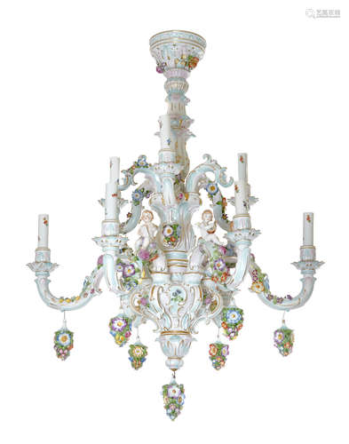 20th century A German porcelain figural and floral encrusted nine light chandelier