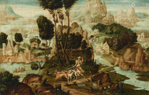 The huntress with hounds in an extensive landscape 22 x 34 1/4in (56.4 x 87cm) Follower of Maerten Jacobsz. van Heemskerck(Heemskerck 1498-1574 Haarlem)