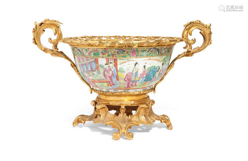 19th century A Continental Gilt bronze mounted Famille Rose porcelain two handled center bowl