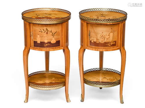 In the manner of Topino Two Louis XVI style marquetry circular occasional tables