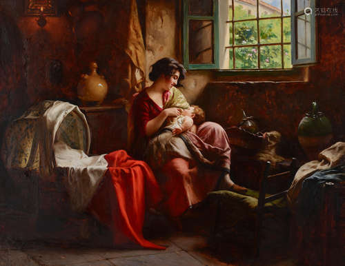 A mother tending her child in a sunlit interior 28 3/4 x 37in (73 x 94cm) Giuseppe Magni(Italian, 1869-1956)