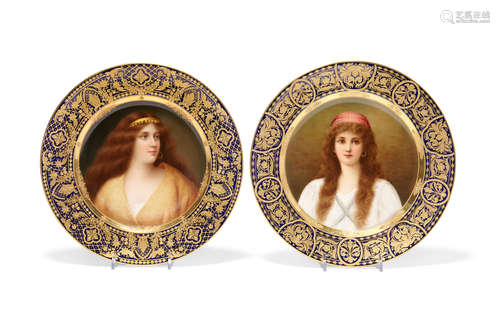 Late 19th/early 20th Century Two Vienna style porcelain cabinet portrait plates: Preciosa and Irene