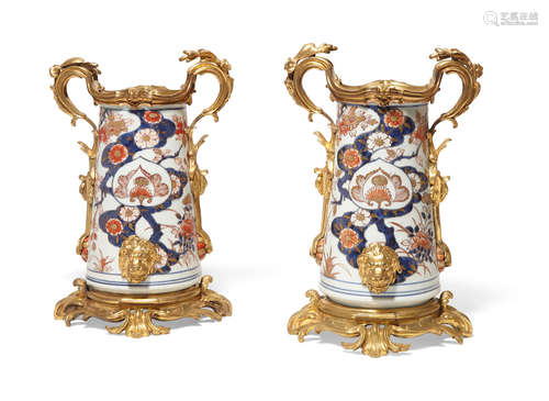 19th century A Pair of French gilt bronze mounted Japanese Imari porcelain two handled vases