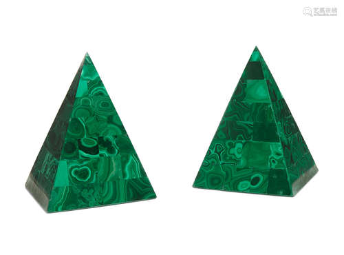 A pair of malachite veneered obelisks