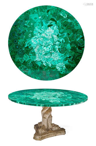 A Neoclassial style silver gilt terracotta and malachite center table