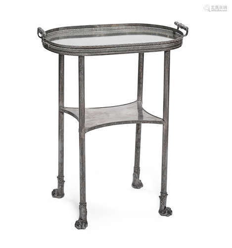 A Neoclassical style silver plate two tier table on casters