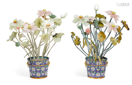 A pair of Chinese hardstone mixed floral bouquets in cloisonné enamel jardinières