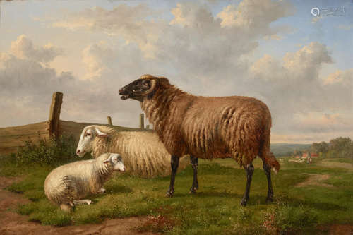 Three sheep in a meadow with a village beyond 20 1/4 x 30 1/4in (51.5 x 76.8cm) Follower of Eugène Verboeckhoven(Belgian, 1798-1881)