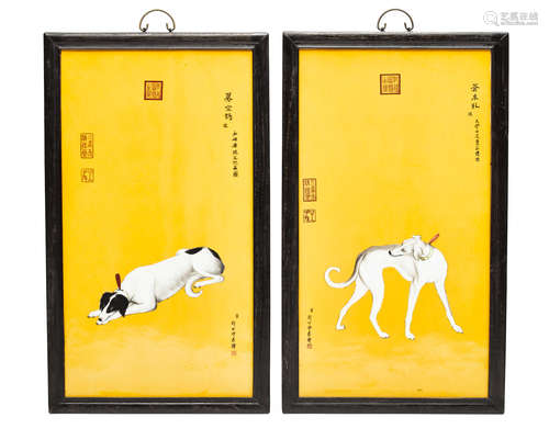 A pair of Chinese enameled porcelain plaques depicting dogs