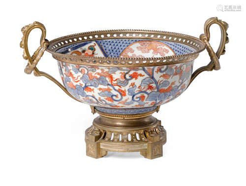 19th century A Louis XVI Style gilt bronze mounted Imari porcelain two handled centerpiece bowl