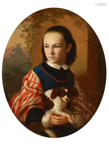 A young girl holding her dog 30 x 23in (76.2 x 58.5cm) English School19th century