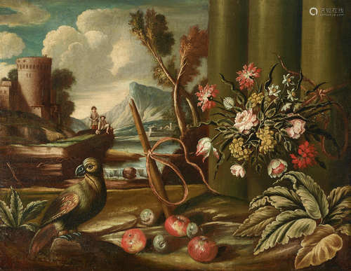 A capriccio with flowers, fruit and a bird in the foreground; also a companion painting (a pair)  each 28 x 36in (71.2 x 91.4cm) Circle of Giacomo Nani(Port'Ercole 1698-1770 Naples)