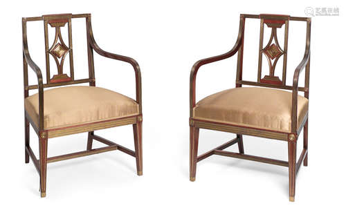 19th century A Pair of Russian Neoclassical style brass mounted mahogany armchairs