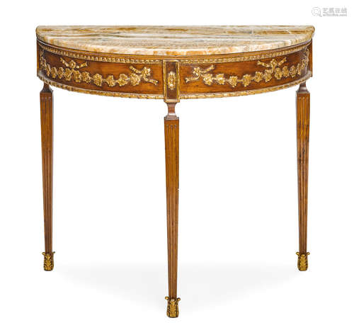 A pair of Italian Neoclassical style parcel giltwood demilune console tables