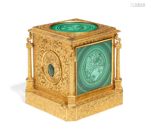 Third quarter 19th century A Napoleon III engraved gilt bronze and malachite scent bottle case