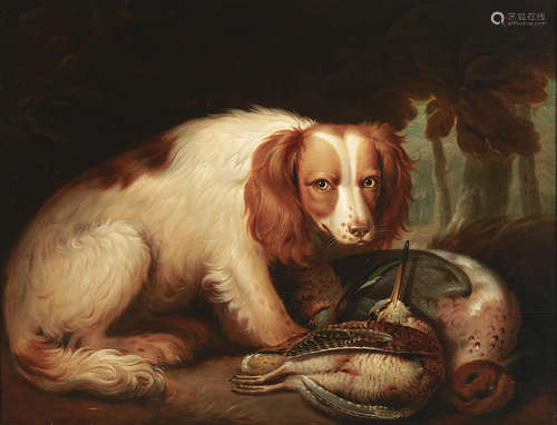 A spaniel with the days bag 20 x 26in (50.8 x 66cm) English School18th/19th Century