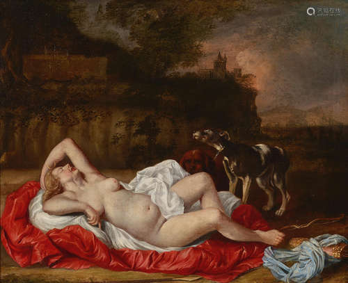 Diana in repose with attendant dogs 23 1/4 x 28 1/4in (59.1 x 71.8 cm) Dutch School17th Century