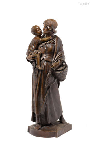 After a model by Louis-Albert Lefeuvre (French, 1845-1924) Late 19th/early 20th century A French patinated bronze figure of a mother and child