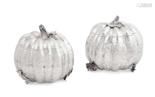 by Pradella Illario, Milan, 20th century  A pair of Italian sterling silver pumpkin form lidded boxes