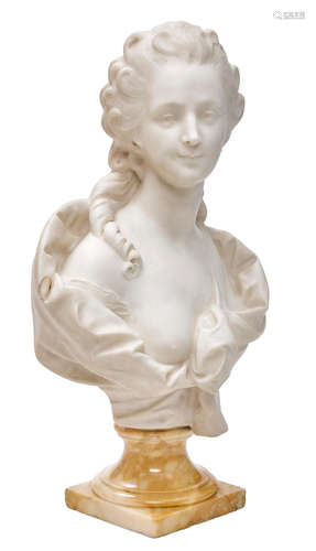 19th century A French white marble bust raised on sienna marble socle probably Marie Thérèse Louise of Savoy, Princesse de Lamballein the manner of Jean-Antoine Houdon (French, 1741-1828)