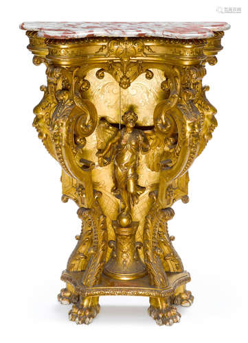 A Louis XV style giltwood tall console table