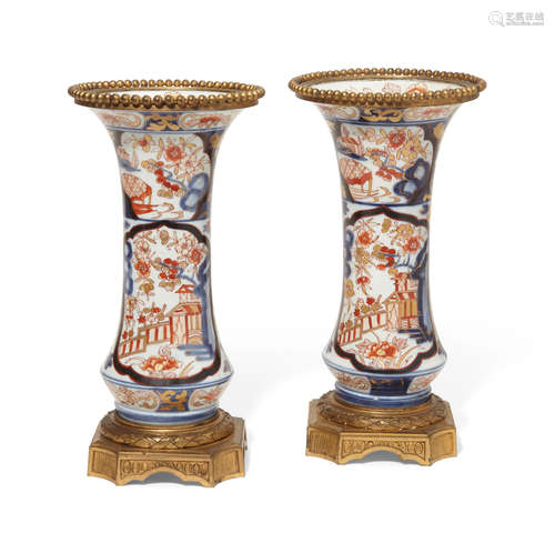 19th century A pair of Louis XVI style gilt bronze mounted Japanese Imari porcelain trumpet vases