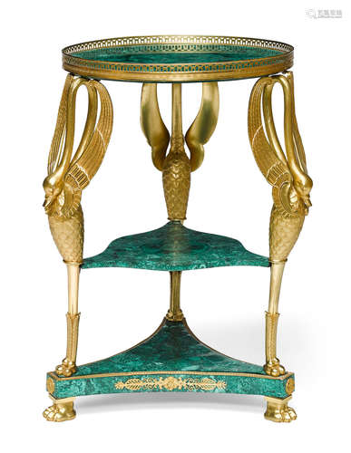 An Empire style gilt bronze and malachite three tiered table