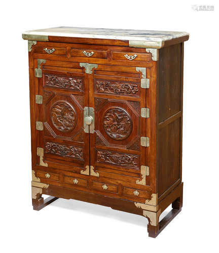 19th century A Chinese silvered metal mounted hardwood side cabinet