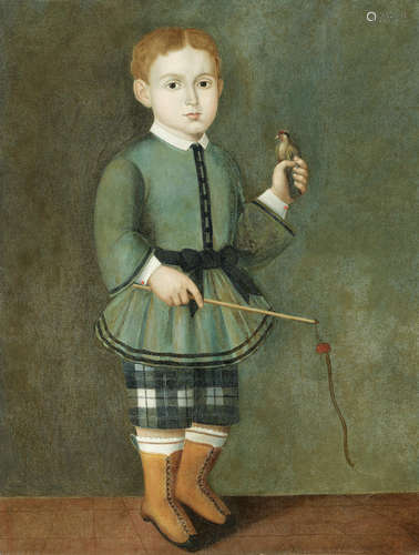 A portrait of a boy holding a bird 30 3/4 x 23 1/2in (78.1 x 59.7cm) English School, 19th century